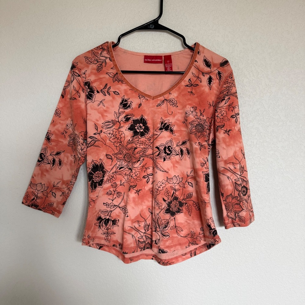 Gloria Vanderbilt Orange Floral Tie Dye V-Neck Top Vintage Artsy Hippie Boho